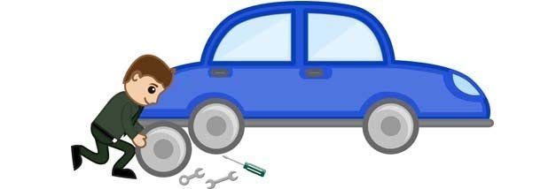 A cartoon of a man pushing a blue car.